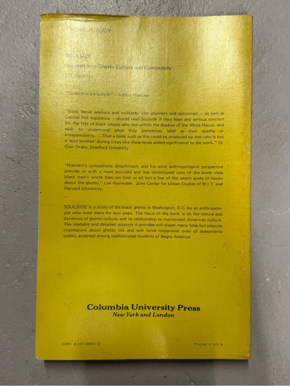 Vintage Soulside Ulf Hannerz Columbia Anthropology Sociology Paperback